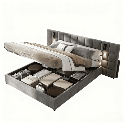 Lit coffre 160x200 cm avec tête de lit LED et USB, Rangement hydraulique, Tissu velours gris