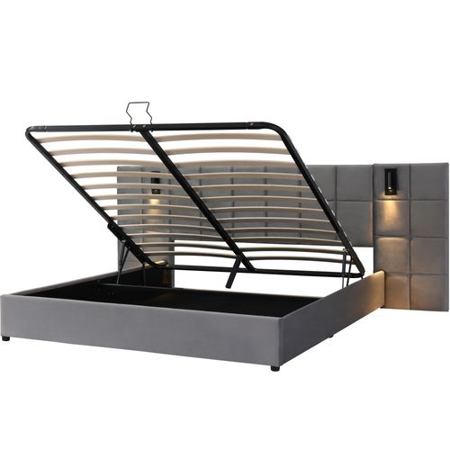 Lit coffre 160x200 cm avec tête de lit LED et USB, Rangement hydraulique, Tissu velours gris