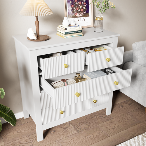Commode 79x39,5x80,5 Cm Avec 5 Tiroirs, Poignées Dorées, Rangements, Blanc