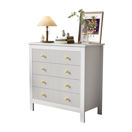 Commode 79x39,5x80,5 Cm Avec 5 Tiroirs, Poignées Dorées, Rangements, Blanc