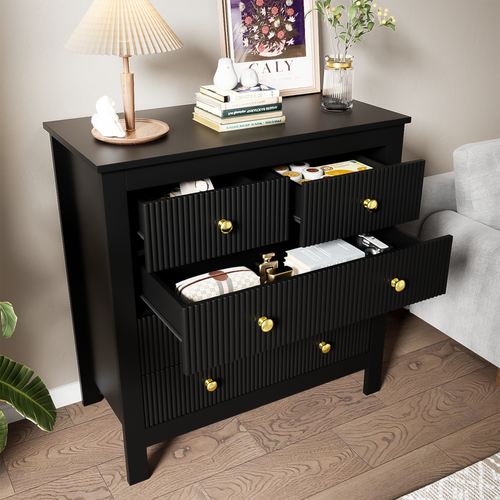 Commode 79x39,5x80,5 Cm Avec 5 Tiroirs, Poignées Dorées, Rangements, En Panneaux Particules, Noir