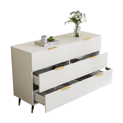 Commode 120x40x77 Cm Avec 6 Tiroirs, Grand Espace De Rangement, 5 Pieds De Support, Blanc