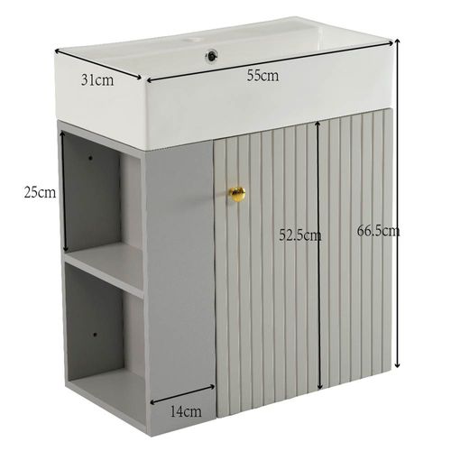 Meuble Lavabo Suspendu Et Vasque En Céramique 55 Cm Avec 1 Porte, Rangements Latéraux, Gris
