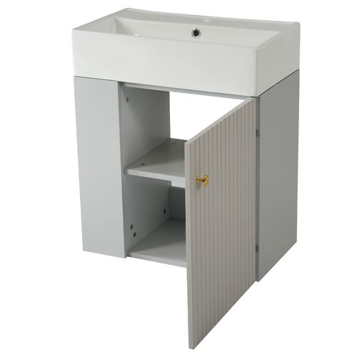 Meuble Lavabo Suspendu Et Vasque En Céramique 55 Cm Avec 1 Porte, Rangements Latéraux, Gris