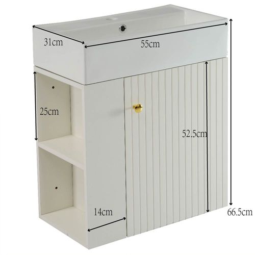 Meuble Lavabo Suspendu Et Vasque En Céramique 55 Cm Avec 1 Porte, Rangements Latéraux, Blanc