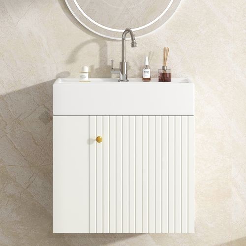 Meuble Lavabo Suspendu Et Vasque En Céramique 55 Cm Avec 1 Porte, Rangements Latéraux, Blanc