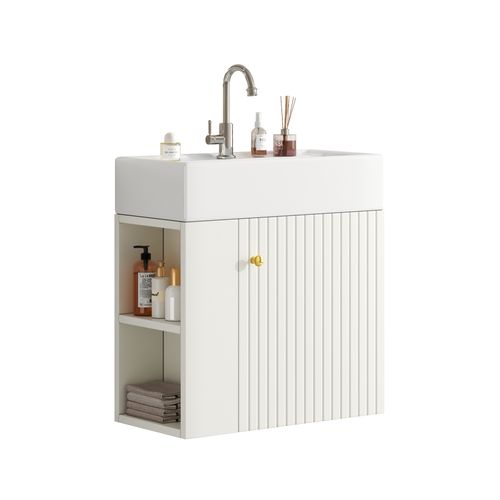 Meuble Lavabo Suspendu Et Vasque En Céramique 55 Cm Avec 1 Porte, Rangements Latéraux, Blanc