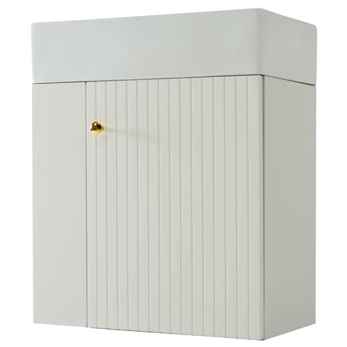 Meuble Lavabo Suspendu Et Vasque En Céramique 55 Cm Avec 1 Porte, Rangements Latéraux, Blanc