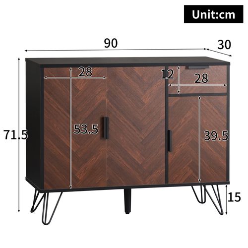 Buffet 90x30x71,5 Cm Avec 1 Tiroir, 3 Portes, Étagères Réglables, En Mdf, Marron Et Noir