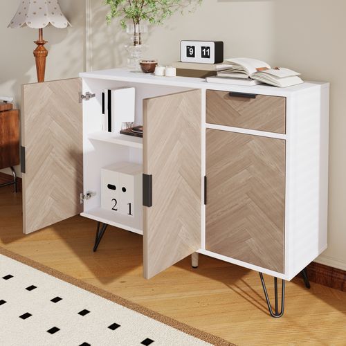 Buffet 90x30x71,5 Cm Avec 1 Tiroir, 3 Portes, Étagères Réglables, En Mdf, Blanc Et Chêne