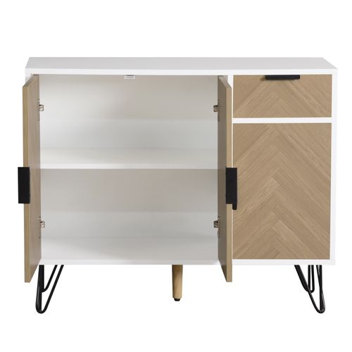 Buffet 90x30x71,5 Cm Avec 1 Tiroir, 3 Portes, Étagères Réglables, En Mdf, Blanc Et Chêne