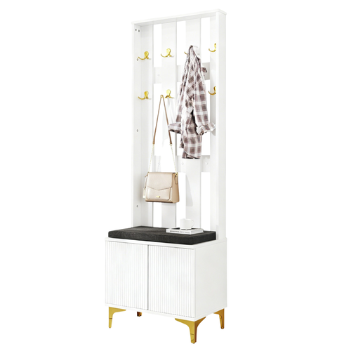 Porte-manteau Et Patère Avec Banc à Chaussures, Coussin, 4 Pieds Stables, Blanc
