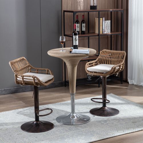 Lot De 2 Tabourets De Bar Réglable Et Rotatif Avec Repose-pieds Et Dossier Rotin, Marron Et Beige