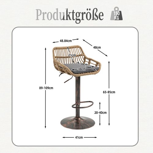 Lot De 2 Tabourets De Bar Réglable Et Rotatif Avec Repose-pieds Et Dossier Rotin, Marron Et Gris