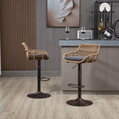 Lot De 2 Tabourets De Bar Réglable Et Rotatif Avec Repose-pieds Et Dossier Rotin, Marron Et Gris