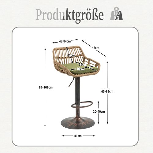 Lot De 2 Tabourets De Bar Réglable Et Rotatif Avec Repose-pieds Et Dossier Rotin, Marron Et Vert