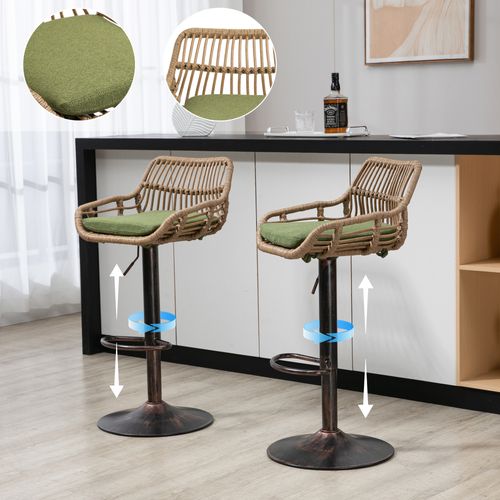 Lot De 2 Tabourets De Bar Réglable Et Rotatif Avec Repose-pieds Et Dossier Rotin, Marron Et Vert