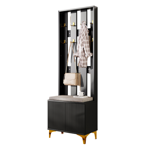 Porte-manteau Et Patère Avec Banc à Chaussures, 4 Pieds Stables, En Panneaux Particules, Noir