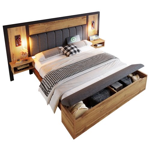 Lit Adulte 160×200 Cm Avec Lampe, Dossier, USB-c, Rangement, Sommier, En Bois, Couleur Chêne
