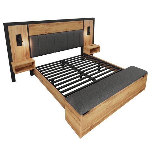 Lit Adulte 160×200 Cm Avec Lampe, Dossier, USB-c, Rangement, Sommier, En Bois, Couleur Chêne