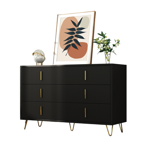 Commode 120x40x77 Cm Avec 6 Tiroirs, Grand Espace De Rangement, Poignées Dorées, Noir