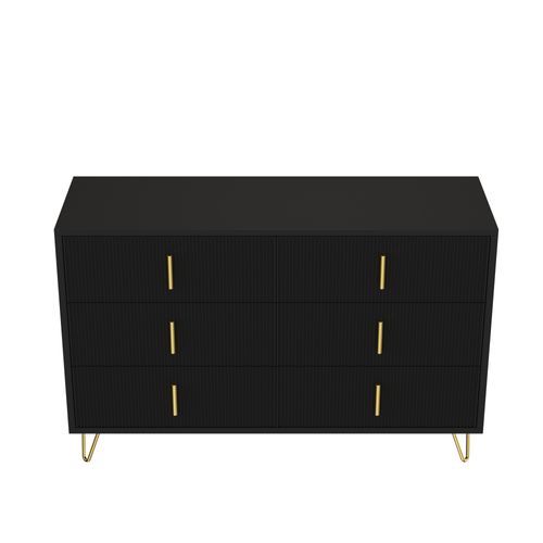 Commode 120x40x77 Cm Avec 6 Tiroirs, Grand Espace De Rangement, Poignées Dorées, Noir