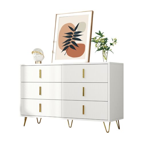 Commode 120x40x77 Cm Avec 6 Tiroirs, Grand Espace De Rangement, Poignées Dorées, Blanc