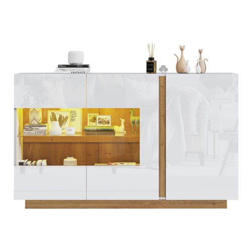 Buffet LED Moderne 138x38x90,5 Cm, 3 Portes, Panneau Vitré, Couleur Bois + Blanc Brillant