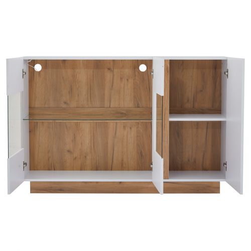 Buffet LED Moderne 138x38x90,5 Cm, 3 Portes, Panneau Vitré, Couleur Bois + Blanc Brillant
