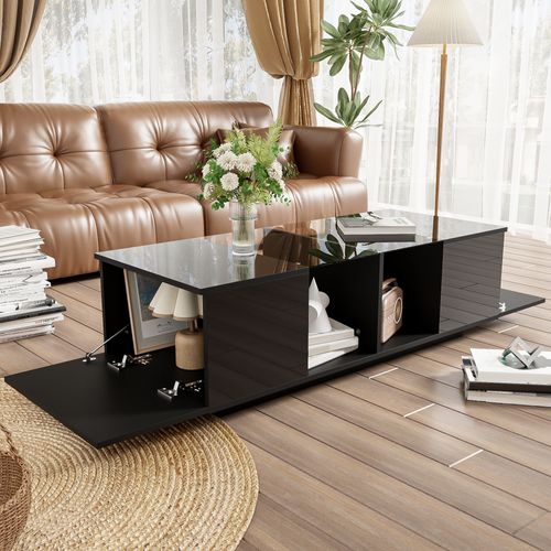 Table Basse 120x50x38,5 Cm Avec LED 16 Couleurs, Plateau Verre, Mdf, Noir