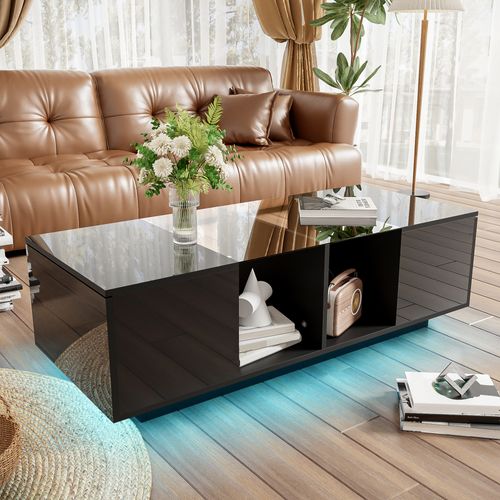 Table Basse 120x50x38,5 Cm Avec LED 16 Couleurs, Plateau Verre, Mdf, Noir