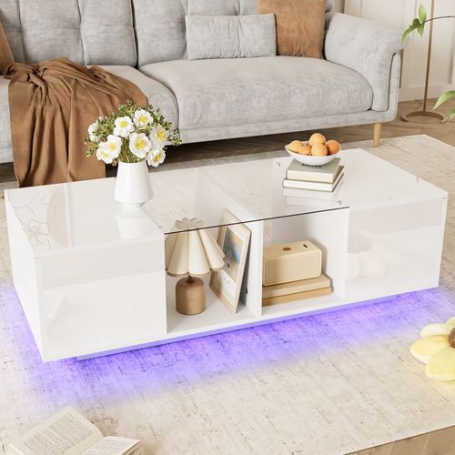 Table Basse 120x50x38,5 Cm Avec LED 16 Couleurs, Plateau Verre, Mdf, Blanc