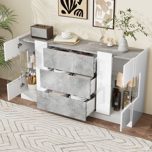 Buffet 140x35x75 Cm Avec 3 Tiroirs, 2 Portes, Éclairage LED, En Mdf, Gris Et Blanc