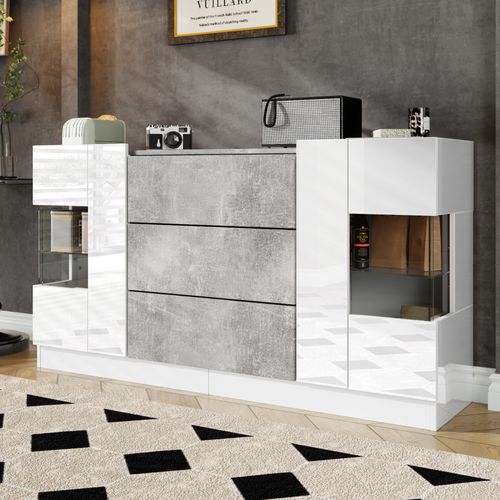 Buffet 140x35x75 Cm Avec 3 Tiroirs, 2 Portes, Éclairage LED, En Mdf, Gris Et Blanc
