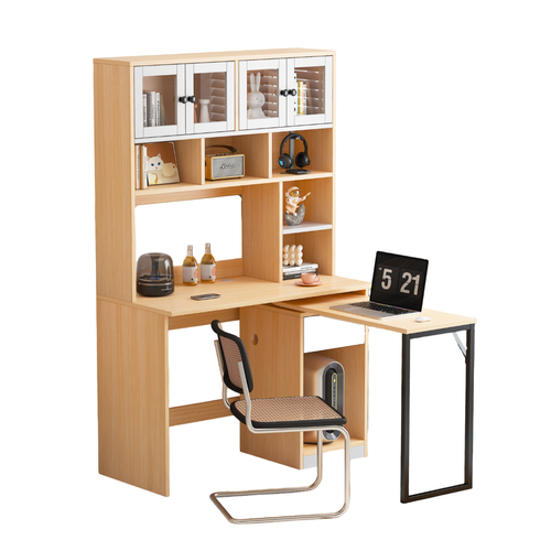 Bureau 110x55x180 Cm Avec 1 Tiroir, Étagères, Espace De Rangement, Mdf, Naturel Et Blanc