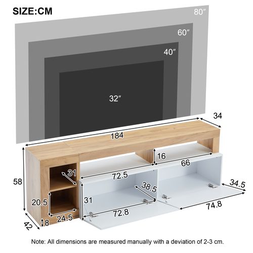 Meuble TV 184cm Pour Téléviseurs Jusqu'à 80" Avec Éclairage LED Et 2 Portes, Panneaux De Particules