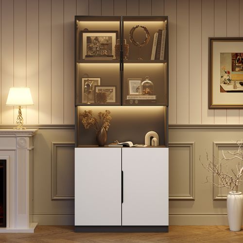 Vitrine Avec 4 Portes, LED, Compartiment Ouvert, En Mdf, Couleur Noire Et Blanche