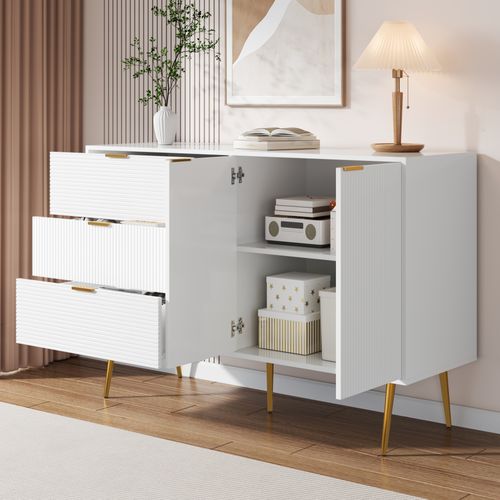 Buffet 120x38x80,5 Cm Avec 3 Tiroirs, 2 Portes, Pieds De Support, En Mdf, Blanc Et Or
