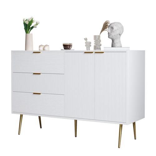 Buffet 120x38x80,5 Cm Avec 3 Tiroirs, 2 Portes, Pieds De Support, En Mdf, Blanc Et Or