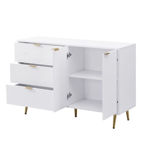 Buffet 120x38x80,5 Cm Avec 3 Tiroirs, 2 Portes, Pieds De Support, En Mdf, Blanc Et Or