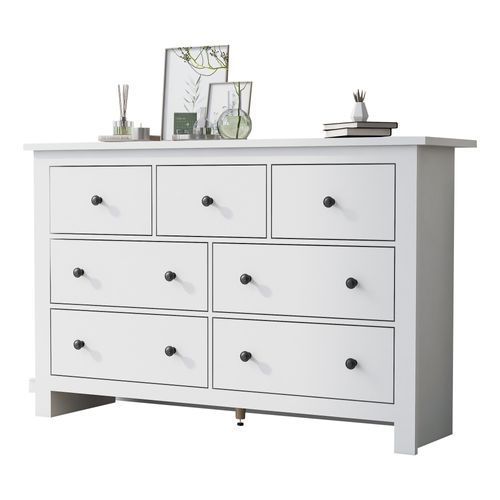 Commode Blanc Salon 7 Tiroirs, Meuble De Rangement 152x40x89cm, Panneaux Particules
