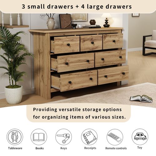 Commode Bois Salon 7 Tiroirs, Meuble De Rangement 152x40x89cm, Panneaux Particules