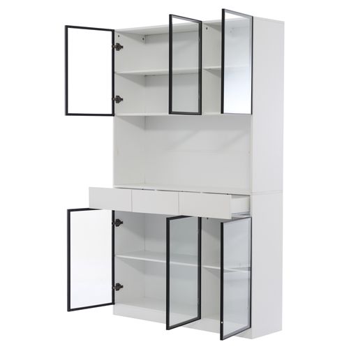 Vitrine LED 120 X 36 X 200 Cm, 6 Portes Vitrées, 3 Tiroirs, Cadre De Porte Noir, Blanc