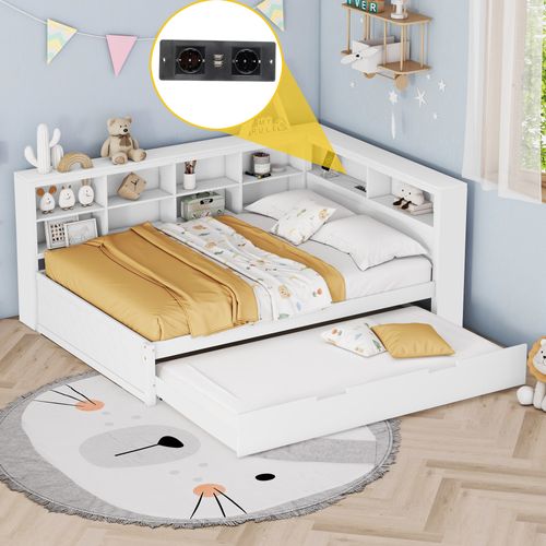 Lit Gigogne Enfant 140x200 Cm/90x190 Cm Avec Compartiments De Rangement Et USB, Bois, Blanc