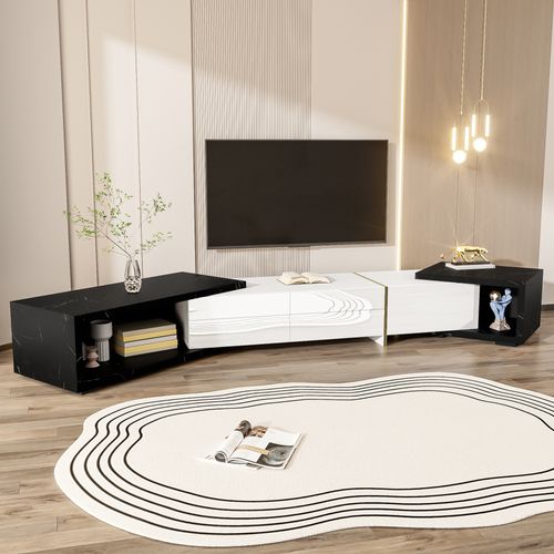 Meuble TV 140-260x40x30 Cm Avec Fonction Pivotante, 3 Portes, Compartiment Ouvert, Mdf, Noir+blanc