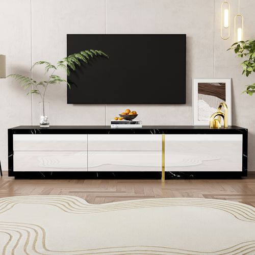 Meuble TV 140-260x40x30 Cm Avec Fonction Pivotante, 3 Portes, Compartiment Ouvert, Mdf, Noir+blanc