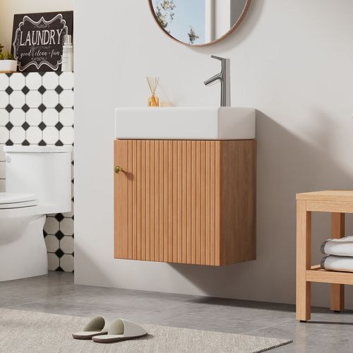 Meuble Lavabo Et Vasque Suspendu 46x26x56 Cm Avec 1 Porte, Mdf, Couleur Bois Et Blanc