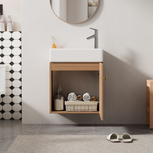 Meuble Lavabo Et Vasque Suspendu 46x26x56 Cm Avec 1 Porte, Mdf, Couleur Bois Et Blanc