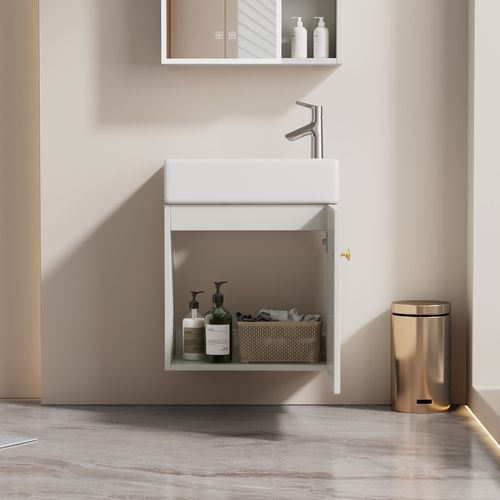 Meuble Lavabo Et Vasque Suspendu 46x26x56 Cm Avec 1 Porte, Mdf, Blanc