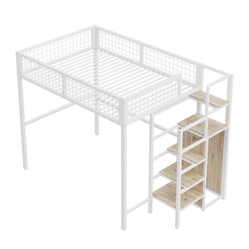 Lit Mezzanine 140x200 Cm Avec Échelle, Armoire Et Rangements, Métal Et Mdf, Blanc